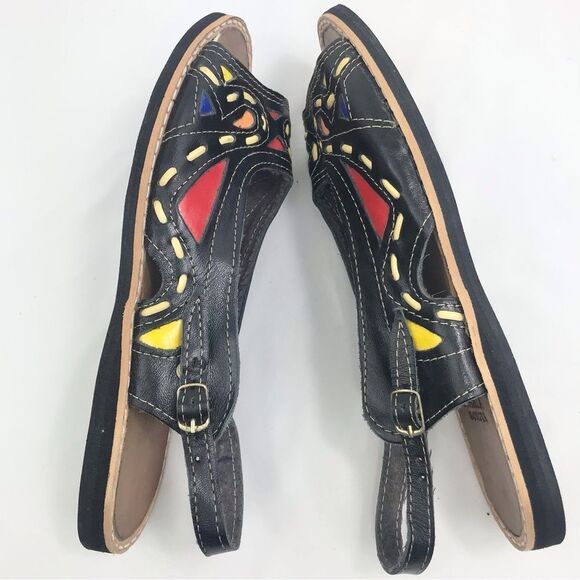 Maria Bonita Black Leather Colorful Stitch Inlay Slingback Open Toe Flat Sandals - Picture 3 of 16